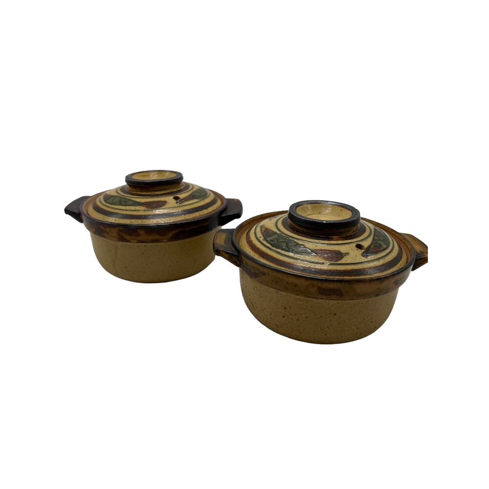 Otagiri Small Casserole Dishes Set of 2 Beige Green Brown Hand Painted & Glazed